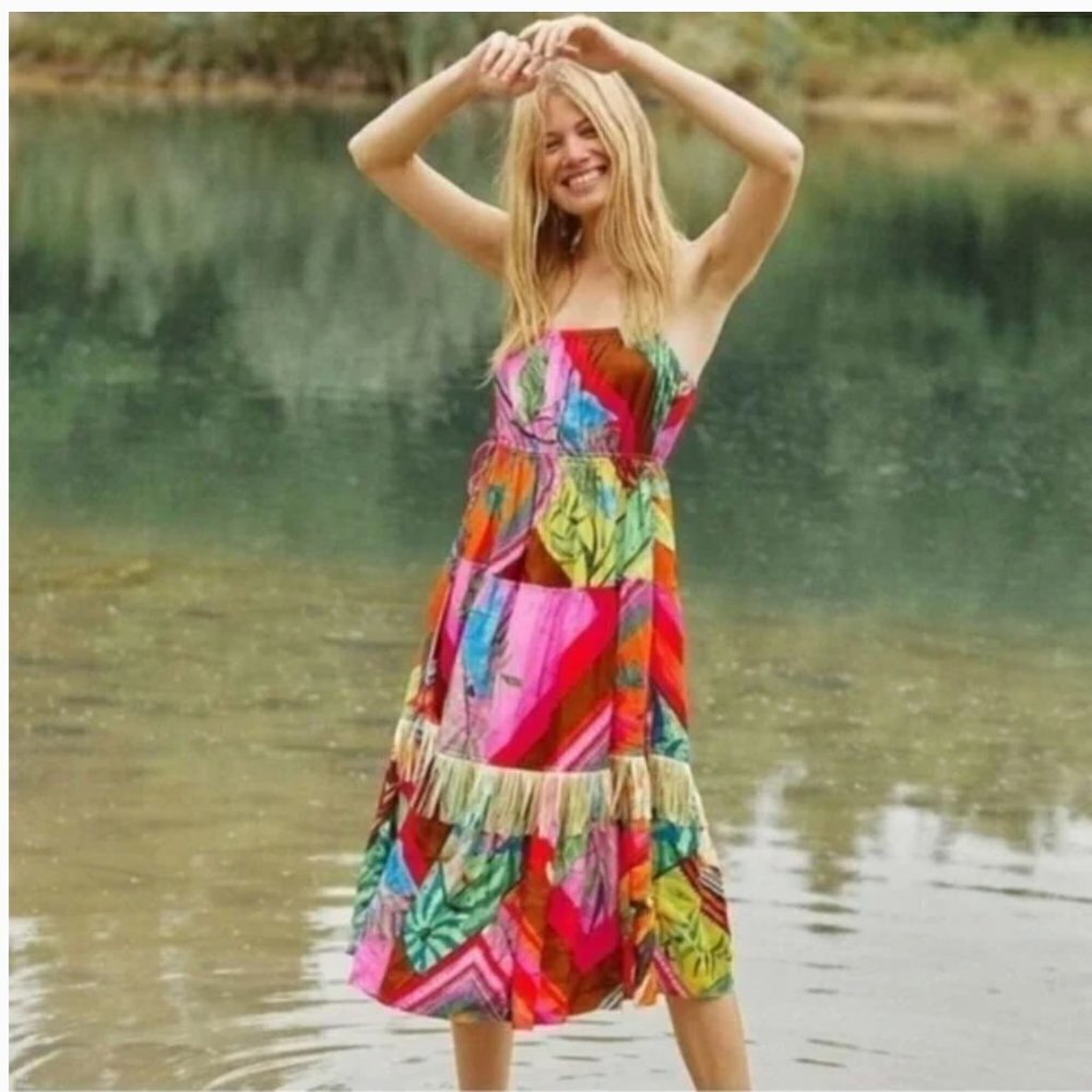 FARM Rio Palila Fringe Tropical Print Midi Dress NWT Medium JB